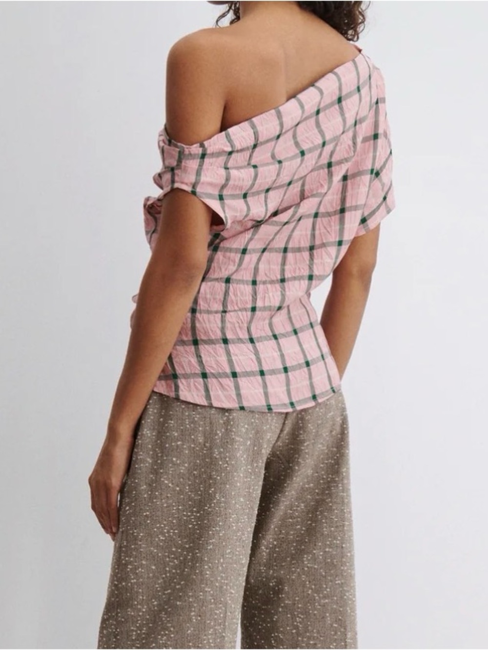 Rachel Comey Pink & Green Plaid Off-Shoulder Top